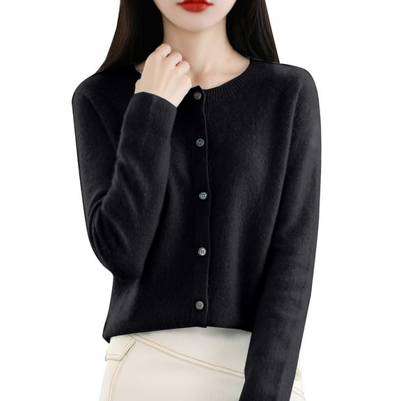 VISALY Cropped Cardigan Open Front Cardigan for Women Cardigans Sweaters for Women Button Front Long Sleeve Cardigan Crewneck Cardigan Knit Cardigans Black Xxl