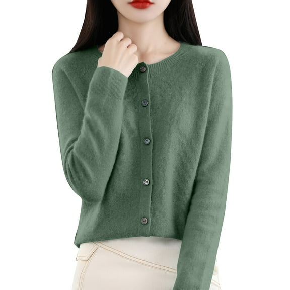 VISALY Cropped Cardigan Open Front Cardigan for Women Cardigans Sweaters for Women Button Front Long Sleeve Cardigan Crewneck Cardigan Knit Cardigans Blackish Green L
