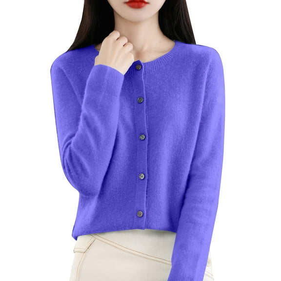 VISALY Cropped Cardigan Open Front Cardigan for Women Cardigans Sweaters for Women Button Front Long Sleeve Cardigan Crewneck Cardigan Knit Cardigans Blue L
