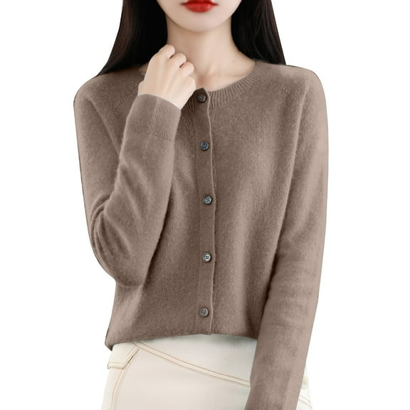 VISALY Cropped Cardigan Open Front Cardigan for Women Cardigans Sweaters for Women Button Front Long Sleeve Cardigan Crewneck Cardigan Knit Cardigans Coffee L