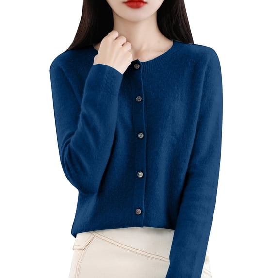 VISALY Cropped Cardigan Open Front Cardigan for Women Cardigans Sweaters for Women Button Front Long Sleeve Cardigan Crewneck Cardigan Knit Cardigans Dark Blue S