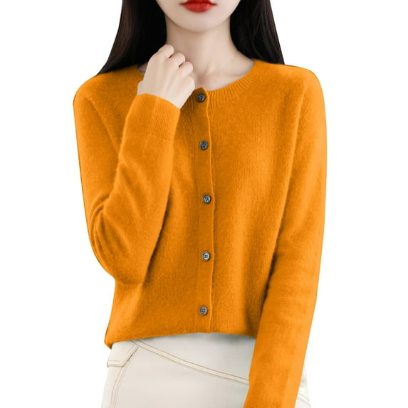 VISALY Cropped Cardigan Open Front Cardigan for Women Cardigans Sweaters for Women Button Front Long Sleeve Cardigan Crewneck Cardigan Knit Cardigans Orange M