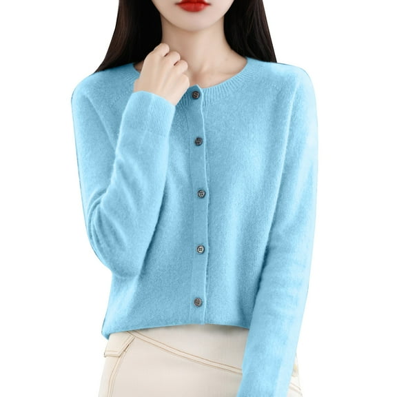 VISALY Cropped Cardigan Open Front Cardigan for Women Cardigans Sweaters for Women Button Front Long Sleeve Cardigan Crewneck Cardigan Knit Cardigans Sky Blue L