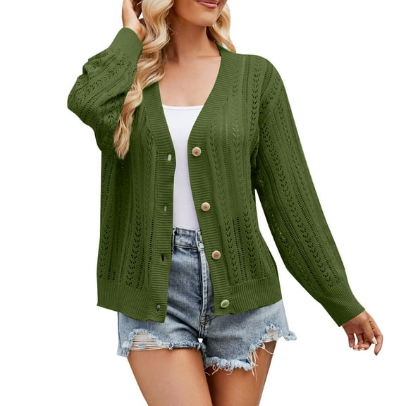 VISALY Cropped Cardigan Trendy Cardigan Cropped Cardigan Sweaters for Women Long Sleeve Crochet Knit Open Front V Neck Button Up Tops Shrug Cardigan Warm Cardigan Green M
