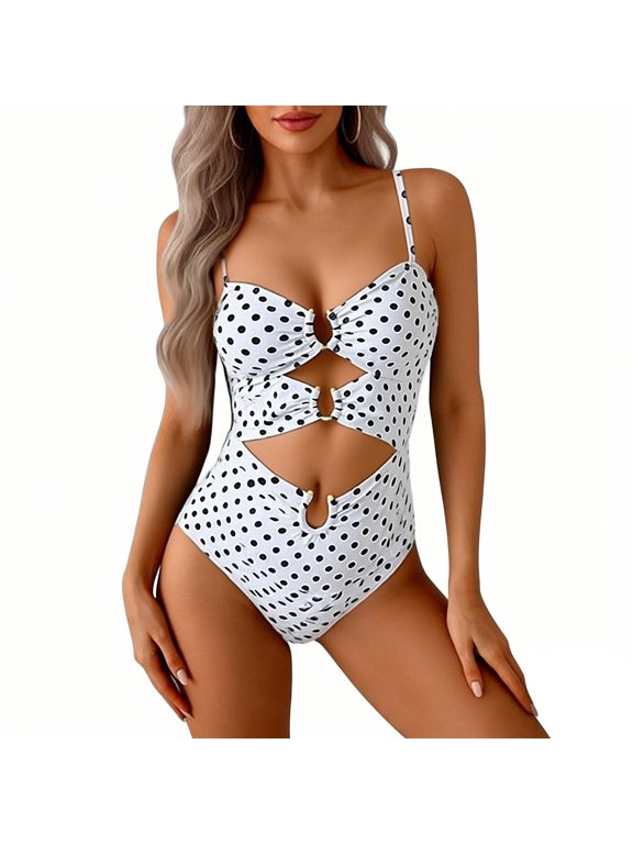 Cutout One Piece Swimsuit with Ring Linked Tummy Control Ruched Polka Dot Monokini Bathing Suit for Beach Vacation Slimming Swimwear One Piece Bathing Suits One Piece Beach Swimwear Beige M