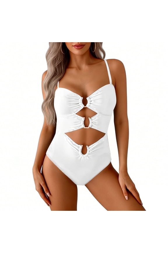 Cutout One Piece Swimsuit with Ring Linked Tummy Control Ruched Polka Dot Monokini Bathing Suit for Beach Vacation Slimming Swimwear One Piece Bathing Suits One Piece Beach Swimwear White Xxl
