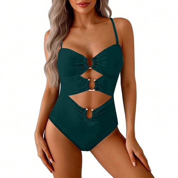 VISALY Cutout One Piece Swimsuit with Ring Linked Tummy Control Ruched Polka Dot Monokini Bathing Suit for Beach Vacation Slimming Swimwear One Piece Bathing Suits Beach Swimwear Blackish Green L