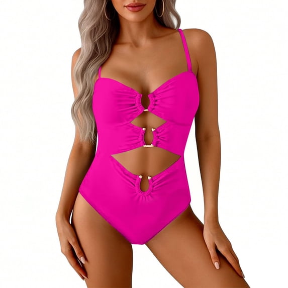 VISALY Cutout One Piece Swimsuit with Ring Linked Tummy Control Ruched Polka Dot Monokini Bathing Suit for Beach Vacation Slimming Swimwear One Piece Bathing Suits Beach Swimwear Hot Pink Xxl