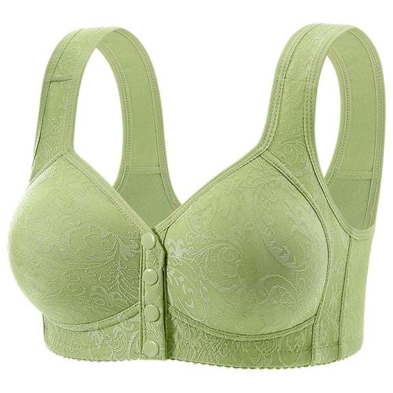 VISALY Daisy Bras for Older Women Front Closure Push Up Bra Comfortable Full Coverage Bras No Underwire Plus Size Supportive Bra for Seniors Comfort Wireless Wide Straps Snap Closing Bra Green 42