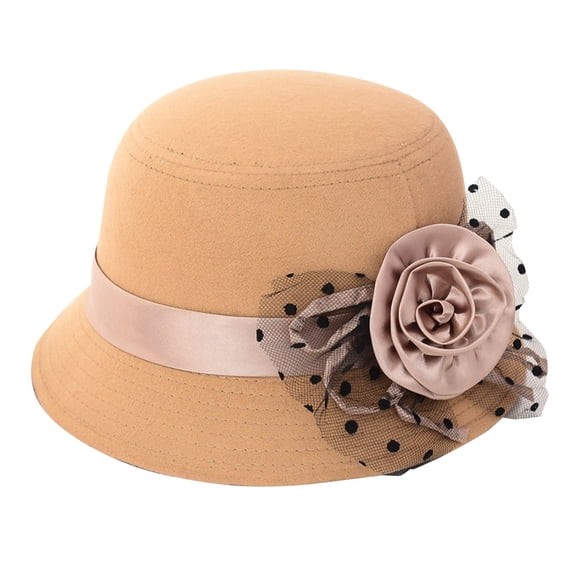 VISALY Derby Hat Fascinator Linen Tea Party Wide Brim Organza Flower Mesh Bowler Hat 1930S Church Bridal Bucket Fedora Dressy Hats for Women Elegant Vintage Wide Brim Felt Bucket Hat Beigeone Size