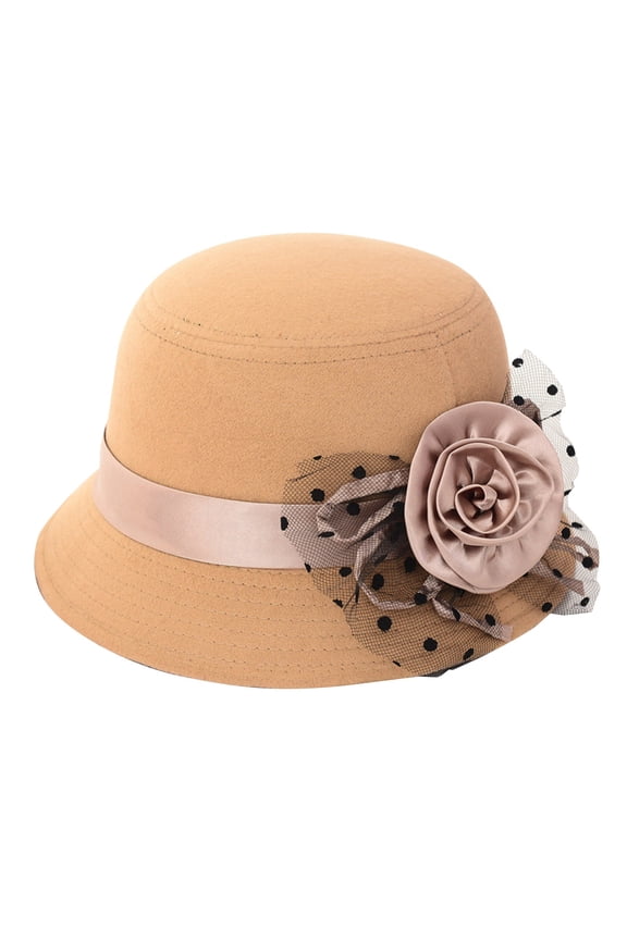 Derby Hat Fascinator Linen Tea Party Wide Brim Organza Flower Mesh Bowler Hat 1930S Church Bridal Bucket Fedora Dressy Hats for Women Elegant Vintage Wide Brim Felt Bucket Hat Beigeone Size