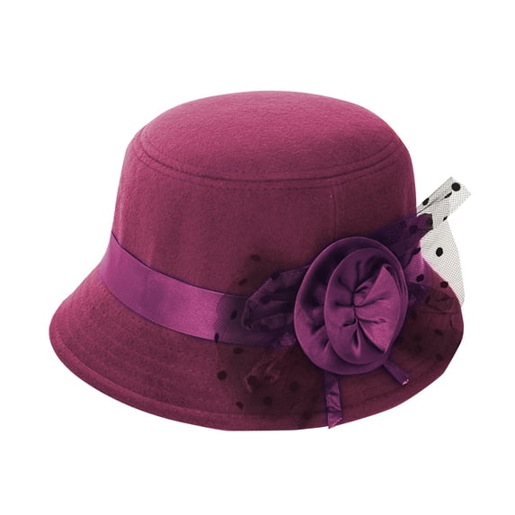 VISALY Derby Hat Fascinator Linen Tea Party Wide Brim Organza Flower Mesh Bowler Hat 1930S Church Bridal Bucket Fedora Dressy Hats for Women Elegant Vintage Wide Brim Felt Bucket Hat Wineone Size