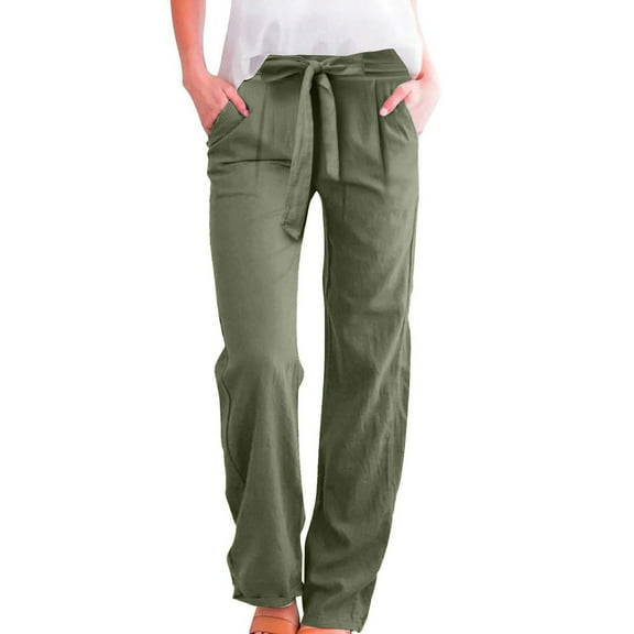 VISALY Drawstring Pants Women, Ladies Casual Loose Drawstring Trousers Straight Leg Linen Pants Women Summer Lightweight Drawstring High Waist, 1 Pack Pants for Women (A - Sage green, L)