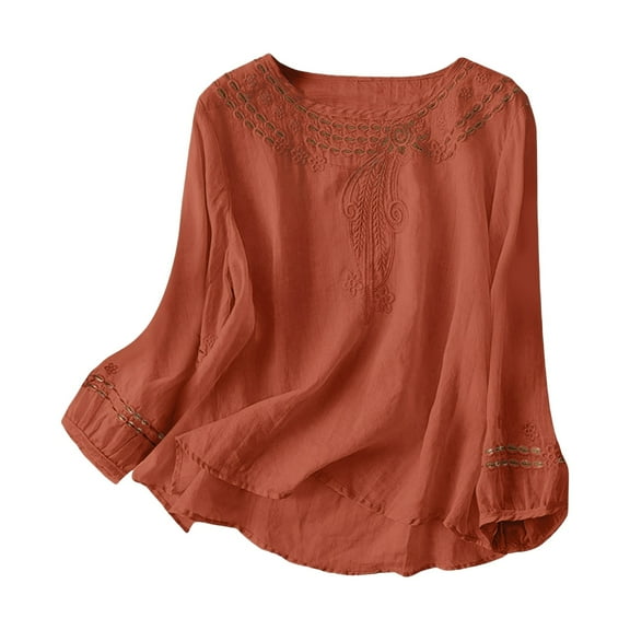 VISALY Embroidered Cotton Linen Tops for Women Long Sleeve Summer Boho Gauze Blouses Dressy Casual Bohemian Shirts Trendy Vacation Top Loose Tunic Tops Wrinkle Free Oversized Shirts Brick Red Xxl