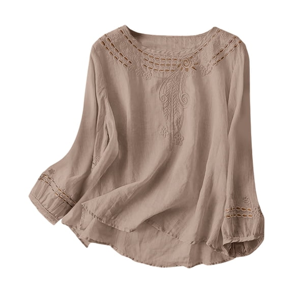 VISALY Embroidered Cotton Linen Tops for Women Long Sleeve Summer Boho Gauze Blouses Dressy Casual Bohemian Shirts Trendy Vacation Top Loose Tunic Tops Wrinkle Free Oversized Shirts Coffee M