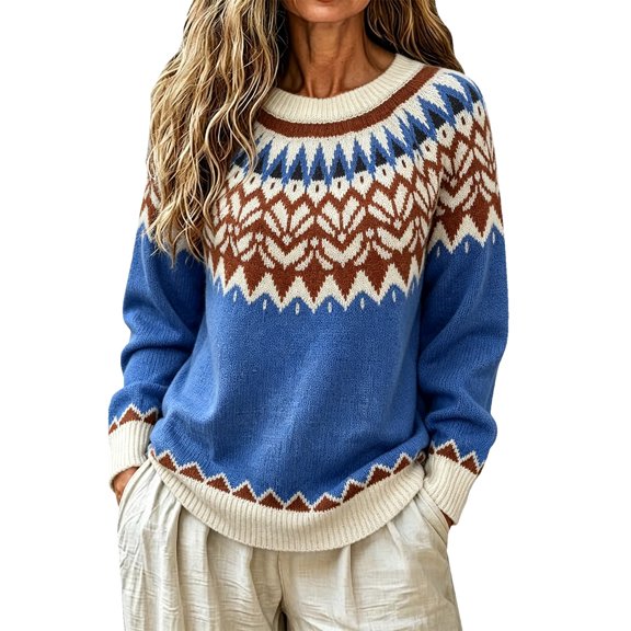 VISALY Fair Isle Sweaters for Womens Crewneck Winter Sweaters Ribbed Sweater Pullover Winter Sweater Ribbed Pullover Sweater Fall Fashion Must Haves Cute Graphic Pullover Shirts Blues