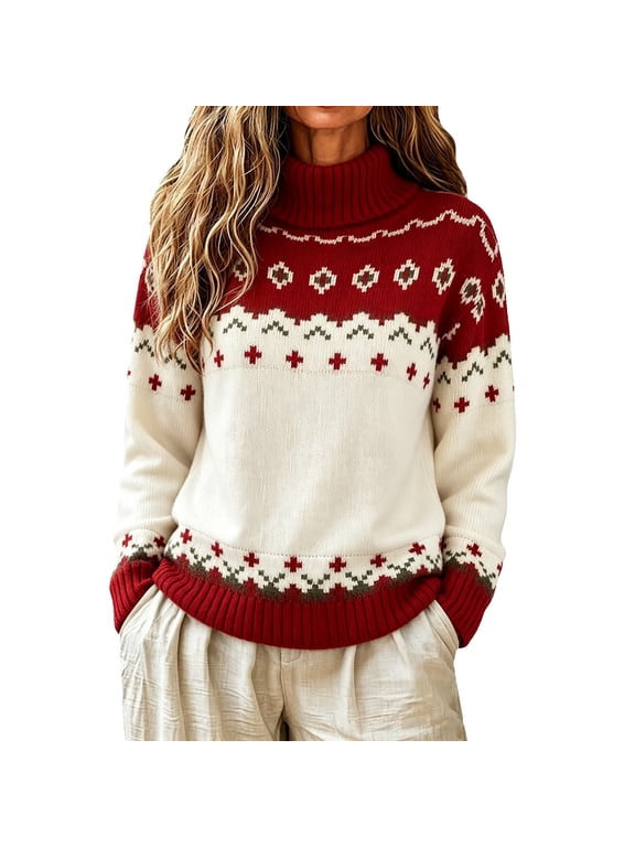 Fair Isle Sweaters for Womens Turtleneck Trendy Fashion Patterned Sweaters Fall Fashion Must Haves Lightweight Sweater Warm Sweaters Winter Pattern Sweater Vintage Fashion Redxl