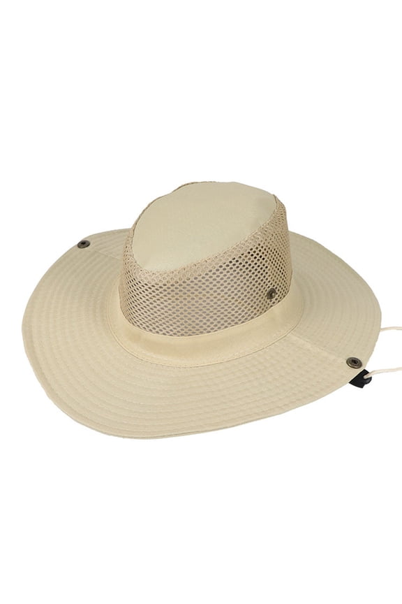 Flat Rim Straw Hat for Men Summer Wide Brim Mesh Safari Hat Outdoor Beach Sun Hat with Chin Strap Western Cowboy Sun Protection Hat Fisherman Cap Fishing Cap Sun Visor Cap Beigeone Size