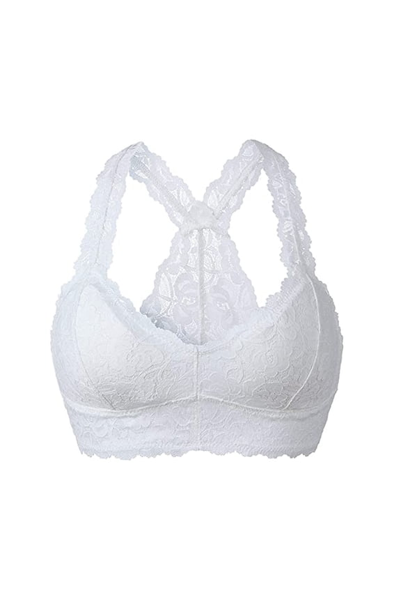Floral Lace Bralette Unpadded Breathable Racerback Lace Bra Crop Top Wirefree Plus Size Sports Bras Lace Racerback Wireless Push Up Bra Full Coverage Support Bra Lightweight Bralette White L
