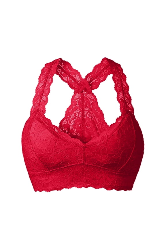 Floral Lace Bralette Unpadded Breathable Racerback Lace Bra Crop Top Wirefree Plus Size Sports Bras Lace Racerback Wireless Push Up Bra Full Coverage Support Bra Lightweight Bralette Red S