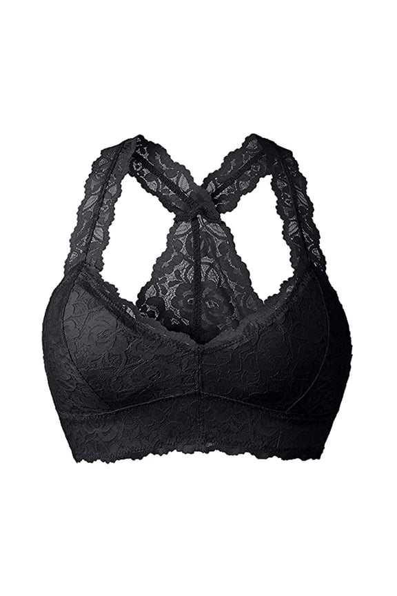 Floral Lace Bralette Unpadded Breathable Racerback Lace Bra Crop Top Wirefree Plus Size Sports Bras Lace Racerback Wireless Push Up Bra Full Coverage Support Bra Lightweight Bralette Black S