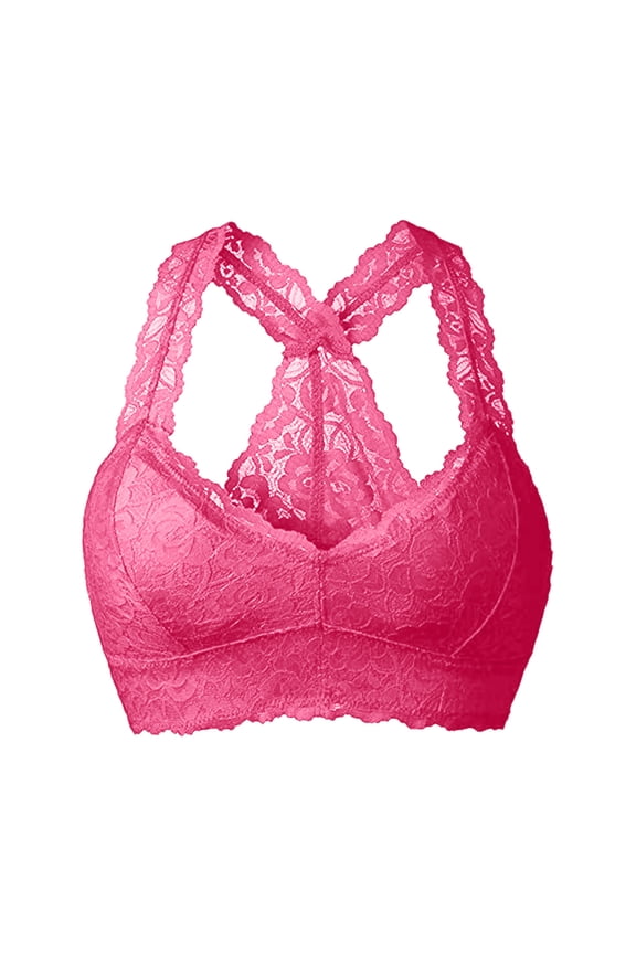 Floral Lace Bralette Unpadded Breathable Racerback Lace Bra Crop Top Wirefree Plus Size Sports Bras Lace Wireless Push Up Bra Full Coverage Support Bra Lightweight Bralette Hot Pink Xxl