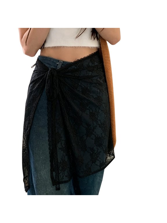 Floral Lace Waist Wrap Skirt Sarong Skirt Tie Front Beach Cover Up Casual Vacation Beach Outfit Layering Shawl Lace Wrap Skirt Wrap Tie Waist Asymmetrical Layered Skirts Black One Size