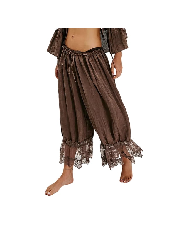 Flowy Pants for Women, Ruffle Bloomers, Lace-Up Home Wear for Women Ruffle Hem Capris Lace Trim Pantaloons Lingerie Pants Slips for Under Dress, 1Pair Pants for Women (Coffee, L)