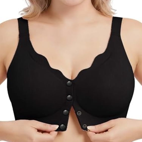 VISALY Front Closure Jelly Bras for Old Women Wireless Push Up No Underwire Full Coverage Seamless Comfy Front Snap Support T-Shirt Bras Soft Supportive Compression Convenient Bras Black M