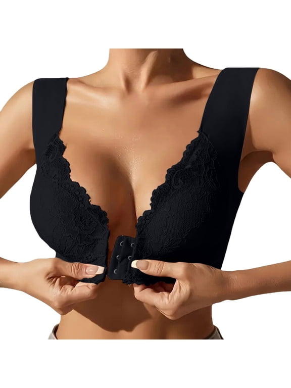 Front Closure Lace Wireless Comfort Bra Wide Strap Full Coverage Everyday Bra for Women Oversize No Underwire Bras Lace Breathable Push Up Front Clasp Bras for Older Women Black Xl