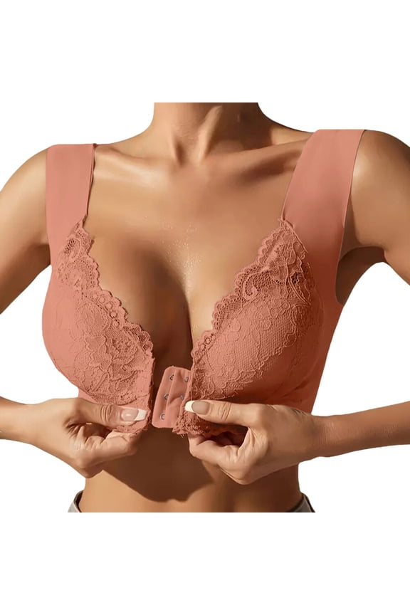Front Closure Lace Wireless Comfort Bra Wide Strap Full Coverage Everyday Bra for Women Oversize No Underwire Bras Lace Breathable Push Up Front Clasp Bras for Older Women Coffee M