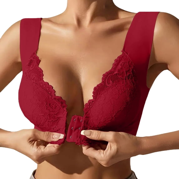 VISALY Front Closure Lace Wireless Comfort Bra Wide Strap Full Coverage Everyday Bra for Women Oversize No Underwire Bras Lace Breathable Push Up Front Clasp Bras for Older Women Wine 8Xl