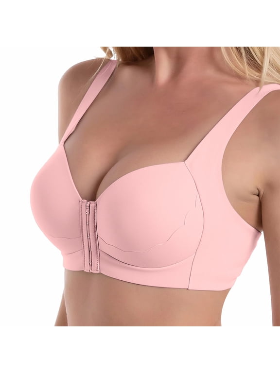 Front Closure Minimizer T-Shirt Bras for Women Wide Strap Push Up No Underwire Bralette Full Coverage Support Lift Plus Size Comfy Seamless Wirefree Lifting Bust Shaping Bra Pink M