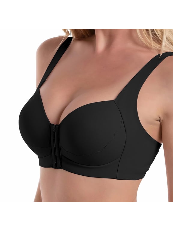 Front Closure Minimizer T-Shirt Bras for Women Wide Strap Push Up No Underwire Bralette Full Coverage Support Lift Plus Size Comfy Seamless Wirefree Lifting Bust Shaping Bra Black M
