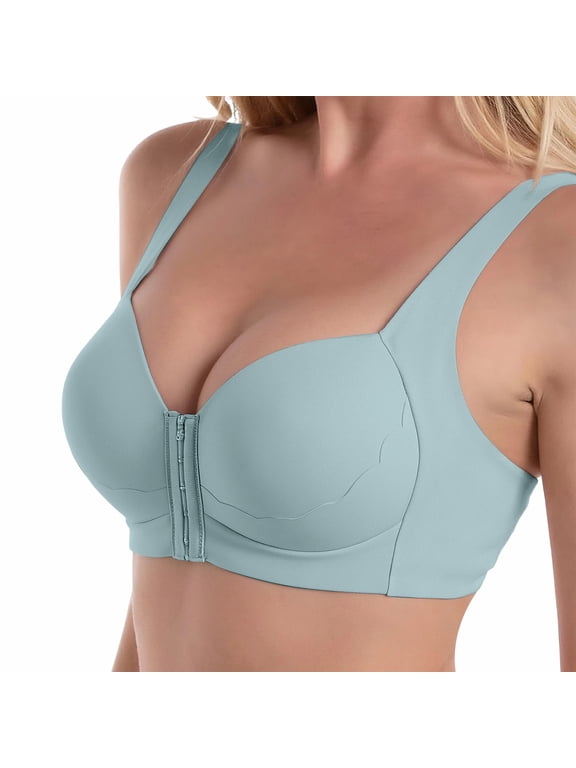 Front Closure Minimizer T-Shirt Bras for Women Wide Strap Push Up No Underwire Bralette Full Coverage Support Lift Plus Size Comfy Seamless Wirefree Lifting Bust Shaping Bra Light Blue M