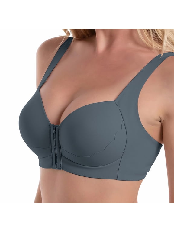Front Closure Minimizer T-Shirt Bras for Women Wide Strap Push Up No Underwire Bralette Full Coverage Support Lift Plus Size Comfy Seamless Wirefree Lifting Bust Shaping Bra Navy S