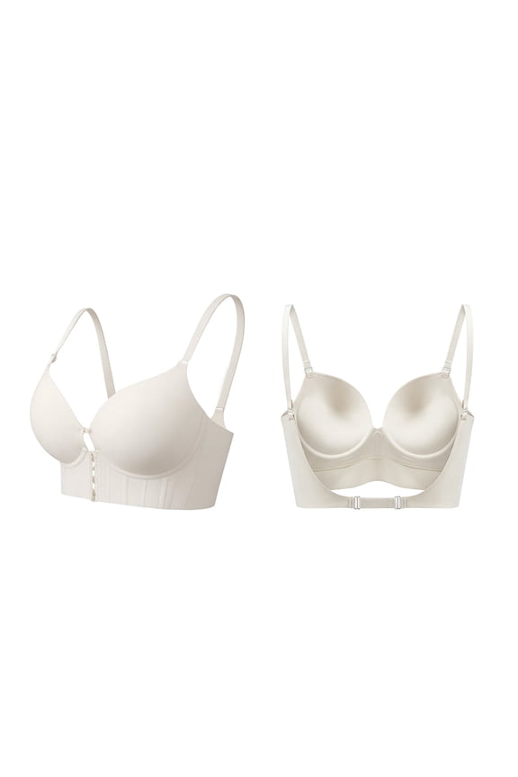 Front Closure Underwire Support Bra Deep Plunge Backless Bra Low Back Seamless Lift Bust Shaping Bra Push Up Bralette Convertible Straps Bra U Shaped Back Support Underwear Khaki 38