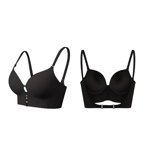 VISALY Front Closure Underwire Support Bra Deep Plunge Backless Bra Low Back Seamless Lift Bust Shaping Bra Push Up Bralette Convertible Straps Bra U Shaped Back Support Underwear Black 32