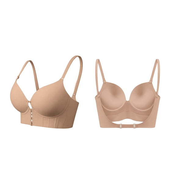 VISALY Front Closure Underwire Support Bra Deep Plunge Backless Bra Low Back Seamless Lift Bust Shaping Bra Push Up Bralette Convertible Straps Bra U Shaped Back Support Underwear Beige 32