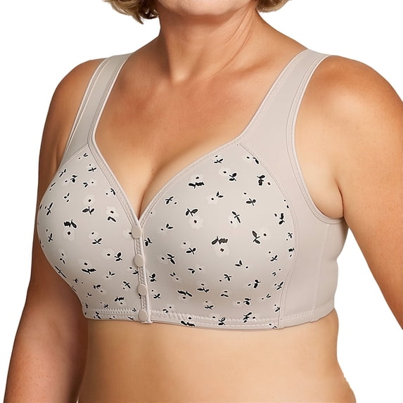 VISALY Front Closure Wireless Bra for Senior Women Printed Thin Breathable No Underwire Gathering Bralette Soft Front Closure Convenient Underwear with Wide Straps for Older Women Light Ashy S