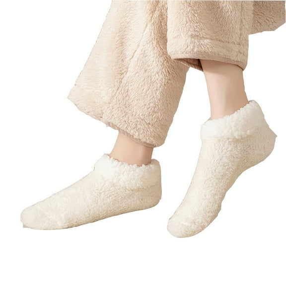 VISALY Fuzzy Socks Ankle Socks for Women Coral Fleece Thickened Anti-Slip Floor Sock for Adult Winter Warm Short Tube Socks Home Sleep Socks Light Yellow One Size
