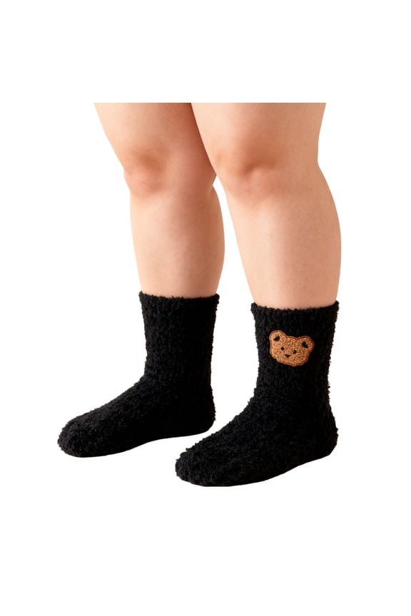 Fuzzy Socks Comfortable Mid Calf Socks Cute Bear Short Tube Socks Thick Coral Velvet Warm Home Postpartum Sleeping Socks for Kids Black One Size