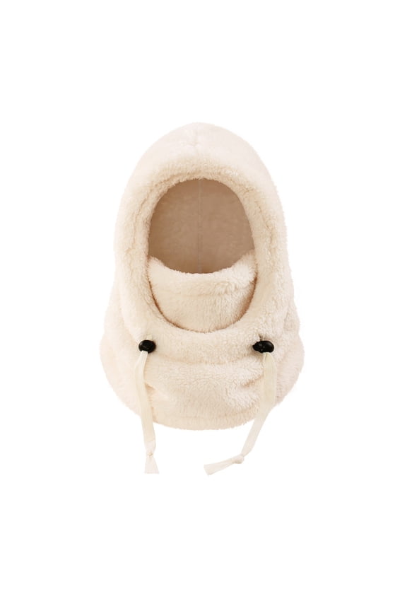Fuzzy Winter Hat Balaclava One-Piece Skull Beanie Hat Neck Circle Scarf Ski Snow Winter Hat Cold-Proof Fleece Cap for Cold Weather Drawstring Warm Hooded Winter Balaclava Hat Beige One Size