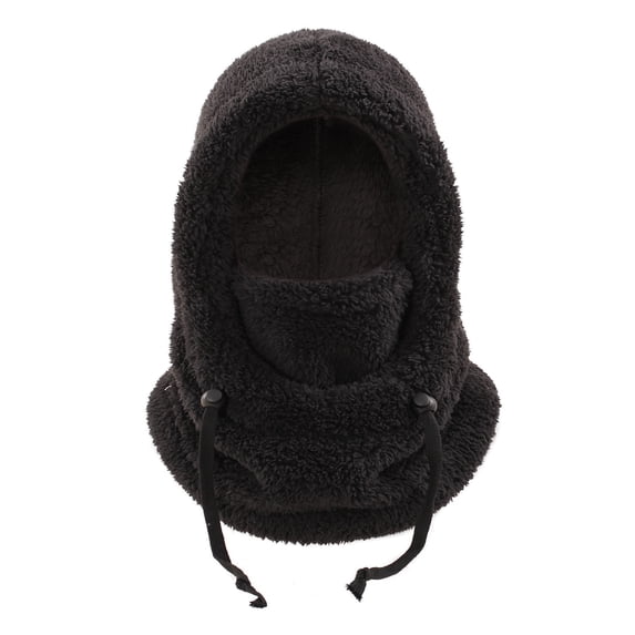 VISALY Fuzzy Winter Hat Balaclava One-Piece Skull Beanie Hat Neck Circle Scarf Ski Snow Winter Hat Cold-Proof Fleece Cap for Cold Weather Drawstring Warm Hooded Winter Balaclava Hat Black One Size