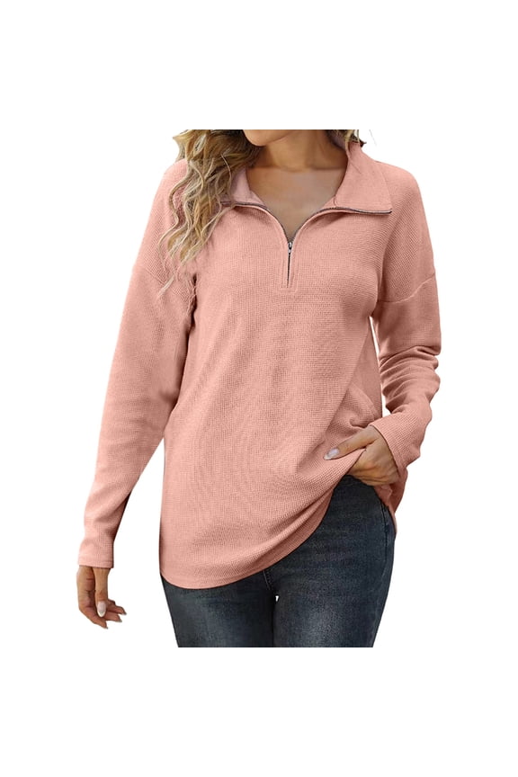 Half Zip Pullover Crochet Sweaters Women Quarter Zipper Sweatshirt Long Sleeve Oversized Slit Side Knit Pullover Sweaters Soft Sweaters Basic Sweatshirts Womens Sweaters Dressy Casual Pink L