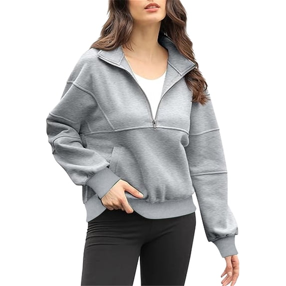 VISALY Half Zip Pullover Tunic Sweatshirt Half Zip Oversized Sweatshirts Long Sleeve Hoodies Casual Sweaters with Pockerts Pull Over Womens Sweaters Tunic Sweater Sweatshirts Loose Fit Hoodie Grey M