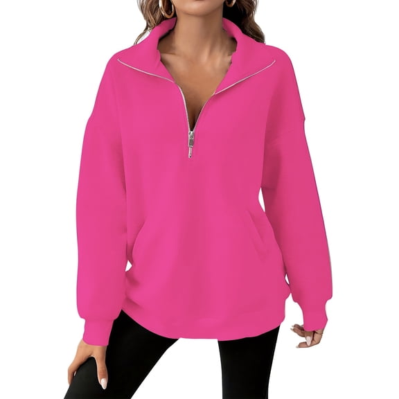 VISALY Half Zip Pullover Tunic Sweatshirt Half Zip Pullover Oversized Hoodies Quarter Zip Sweatshirts 2025 Fall Winter with Pocket Sweatshirt Women Sweaters Trendy Comfy Sweaters Hot Pink Xl