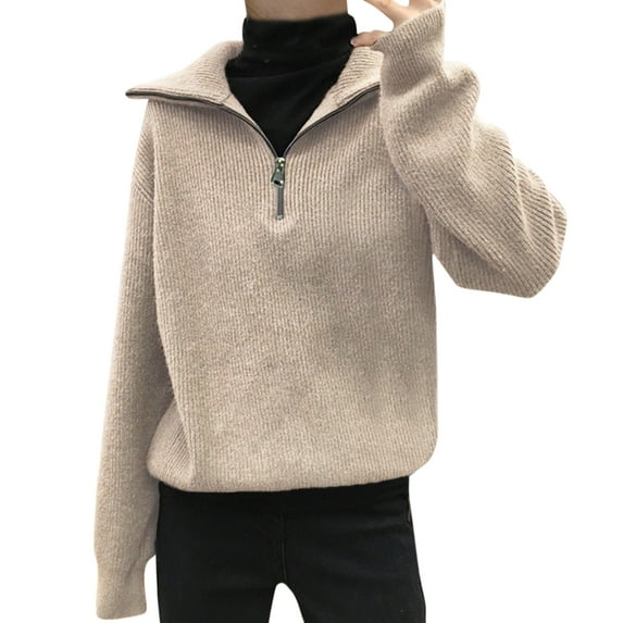 VISALY Half Zip Pullover Tunic Sweatshirt Turtleneck Sweater Oversize Zipper Knitted Pullover Long Sleeve Solid Color Loose Autumn Winter Office Sweater Soft Pullover Basic Tops Khaki One Size