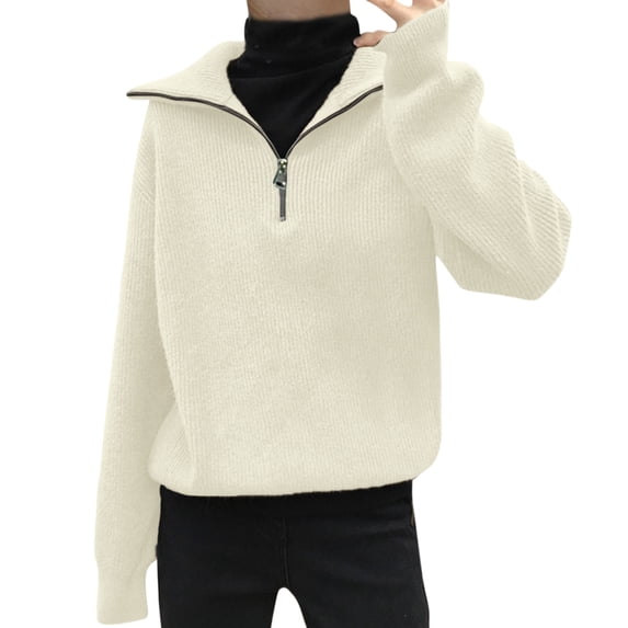 VISALY Half Zip Pullover Tunic Sweatshirt Turtleneck Sweater Oversize Zipper Knitted Pullover Long Sleeve Solid Color Loose Autumn Winter Sweaters Office Sweater Soft Pullover Basic Tops A One Size