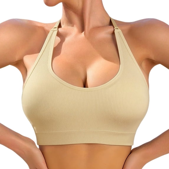 VISALY Halter Sports Bra Women Ribbed U Neck Low Back Padded Crop Top with Built In Bra Wireless Seamless Bralette Soft Stretchy Comfy Full Coverage Push Up Support Yoga Workout Bra Light Yellow S